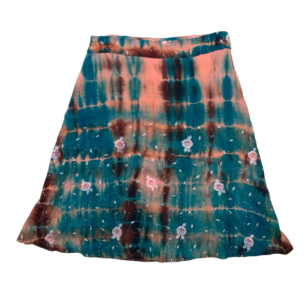 SILK RANCH Tie Dye Floral Mini Skirt Boho Fairy Grunge Sheer Overlay S/M Silk